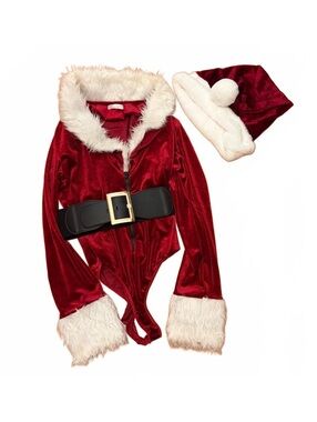 Avidlove Women's Red Velvet Santa Bodysuit with Faux Fur Trim and Santa Hat, Sz.